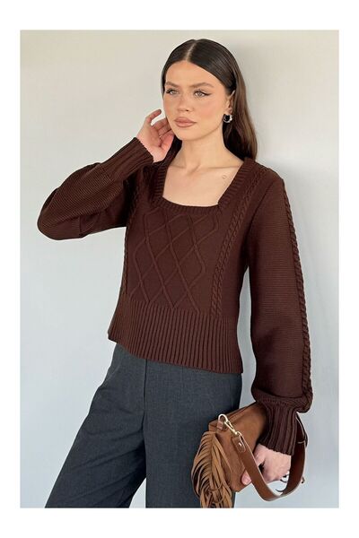 LC Waikiki Nevavm Square Collar Knitted Patterned Women's Sweater with a Diff...