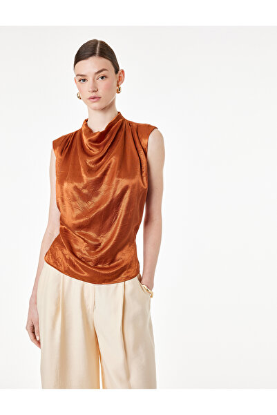 Koton Sleeveless Tie-Up Belt Detailed Draped High Neck Textured Satin Blouse