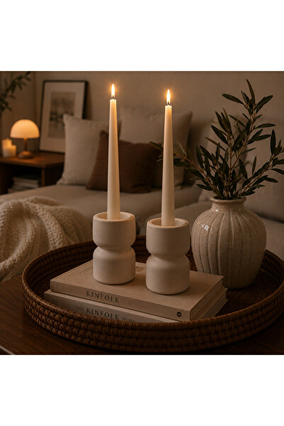 VANTES 2li Şamdanlık Dekoratif Krem Ekru Şamdan Mumluk Tealight Blok Mumluk B...