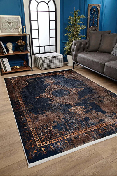 halinet Halı.Net Blue Vintage Antique Washable Non-Slip Living Room Carpet Ha...