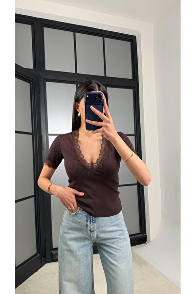 GAUS CO Bitter Brown Lace Detailed Knitwear Blouse Gaus-01409