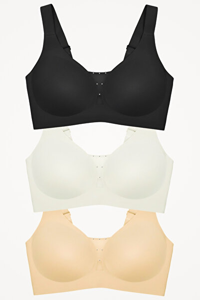 Homay 3-Piece Large Size Stoned Tulle Low-Cut Laser Cut Seamless Bra
