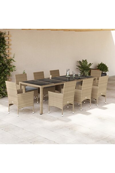 vidaxl Set mobilier de gradina cu perne 9 piese bej poliratan & sticla
