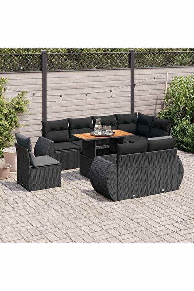 vidaxl Set mobilier de gradina cu perne, 9 piese, negru, poliratan