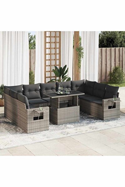 vidaxl Set mobilier de gradina cu perne, 10 piese, gri, poliratan