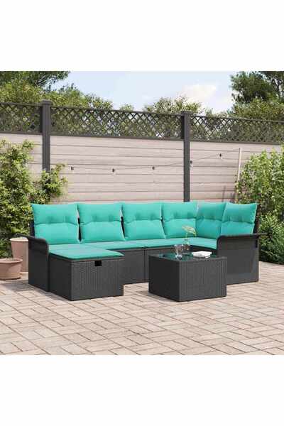 vidaxl Set de canapele pentru gradina cu perna 7 pcs Negru Rattan poli