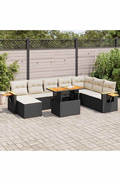 vidaxl Set mobilier gradina perne 9 piese negru poliratan/lemn acacia