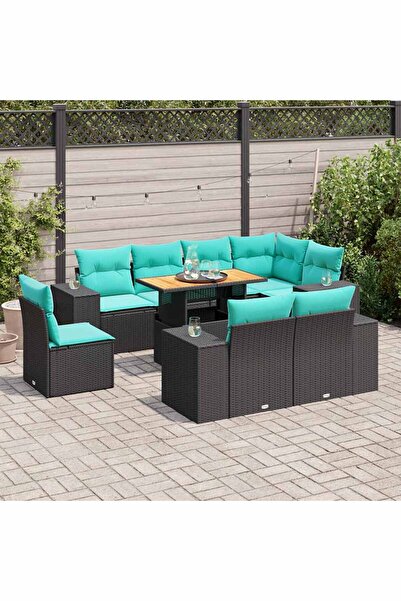 vidaxl Set mobilier de gradina cu perne, 9 piese, negru, poliratan
