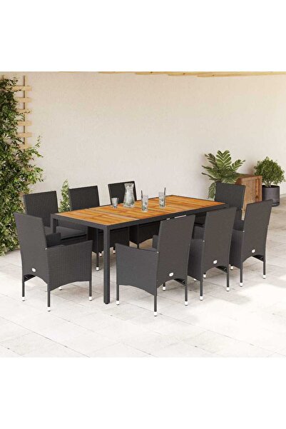 vidaxl Set mobilier gradina perne 9 piese negru poliratan/lemn acacia