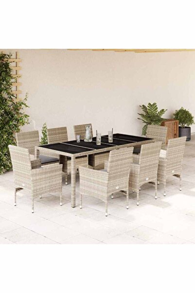 vidaxl Set mobilier de gradina cu perne 9 piese gri poliratan & sticla