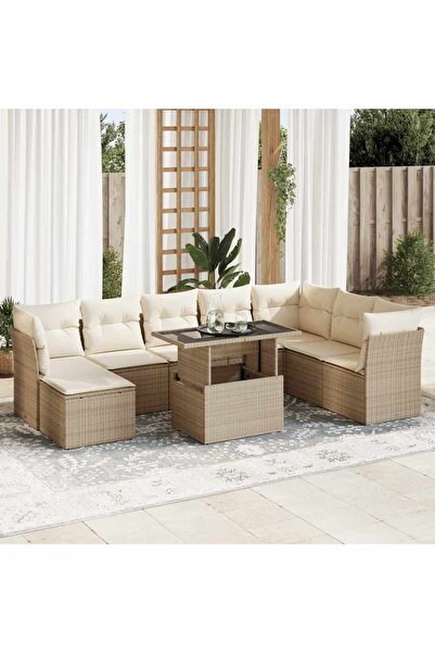 vidaxl Set canapele de gradina, 9 piese, cu perne, bej, poliratan