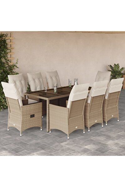 vidaxl Set de masa pentru gradina, 9 piese, cu perne, bej, poliratan