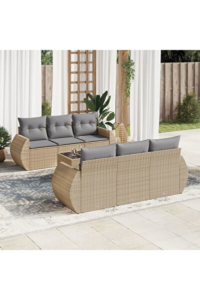 vidaxl Set canapele de gradina, 7 piese, cu perne, bej, poliratan