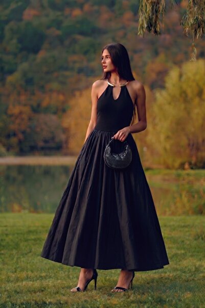 The Champ Clothing Rochie lungă de damă Noir cu accesorii Halo Gold pentru gu...