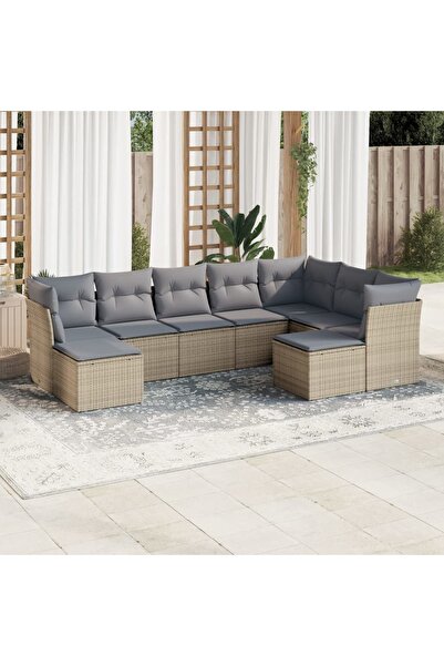 vidaxl Set canapele de gradina, 9 piese, cu perne, bej, poliratan