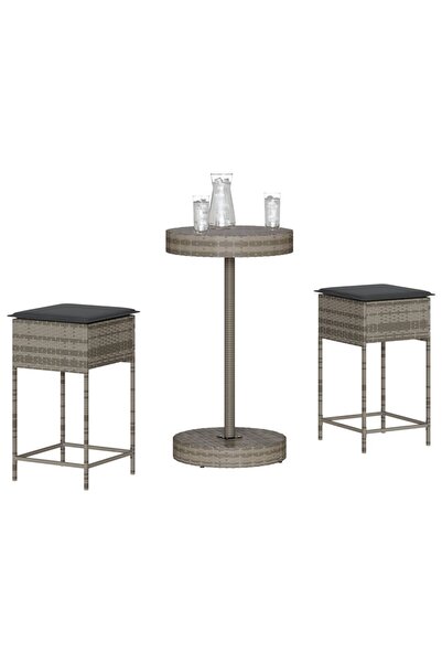 vidaxl Set mobilier bar de gradina, cu perne, 3 piese, gri, poliratan