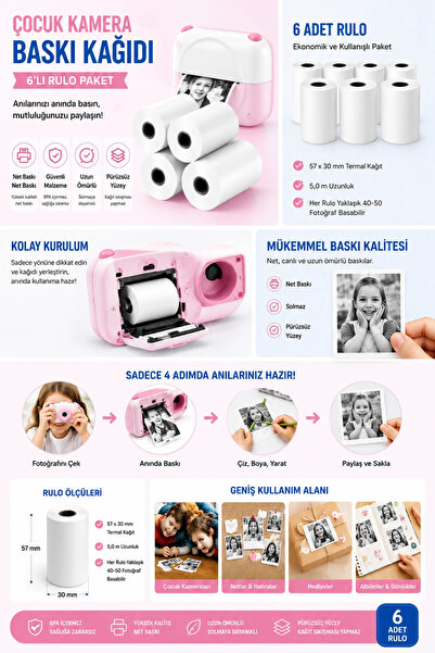 Vothoon Çocuk Fotoğraf Makinesi Yedek Termal Baskı Kağıdı (6'lı Rulo) – 57x25mm