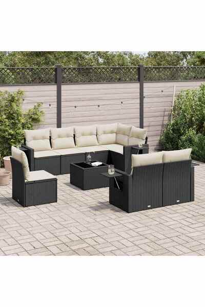 vidaxl Set mobilier de gradina cu perne, 9 piese, negru, poliratan