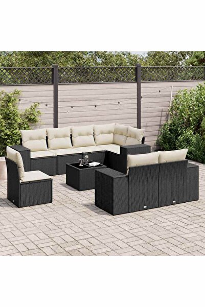 vidaxl Set mobilier de gradina cu perne, 9 piese, negru, poliratan