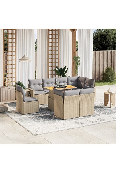 vidaxl Set canapele de gradina, 9 piese, cu perne, bej, poliratan