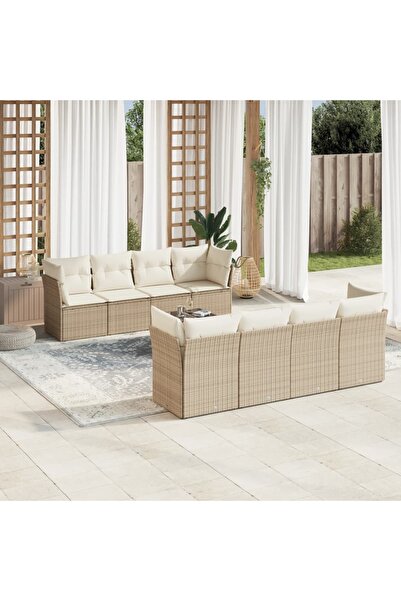 vidaxl Set canapele de gradina, 9 piese, cu perne, bej, poliratan
