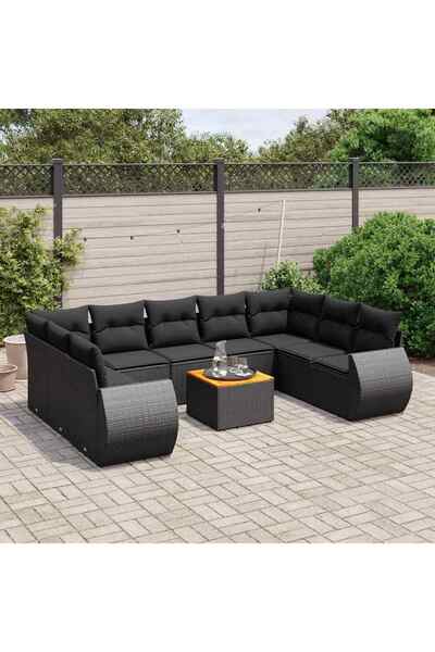 vidaxl Set canapele de gradina cu perne, 10 piese, negru, poliratan