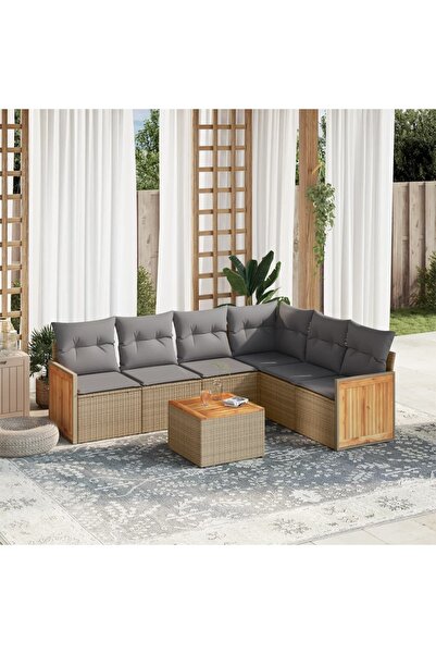 vidaxl Set canapele de gradina, 7 piese, cu perne, bej, poliratan