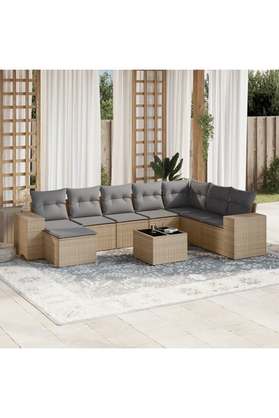 vidaxl Set canapele de gradina, 9 piese, cu perne, bej, poliratan