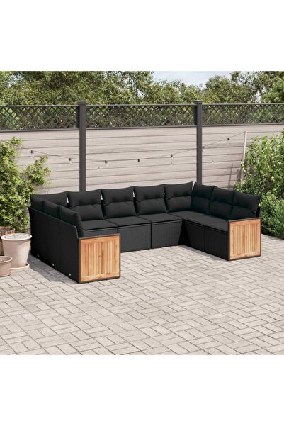 vidaxl Set mobilier de gradina cu perne, 9 piese, negru, poliratan