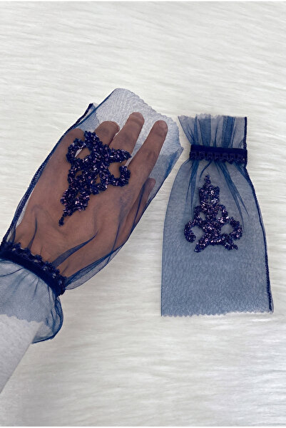ZEYMERADE Navy Blue Luxury Crystal Glass Bead Bridal Gloves, Henna Night Wedd...