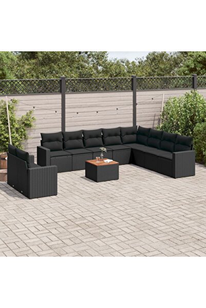 vidaxl Set canapele de gradina cu perne, 11 piese, negru, poliratan