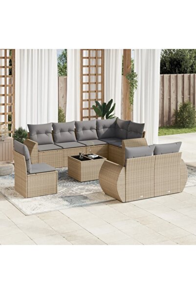 vidaxl Set canapele de gradina, 9 piese, cu perne, bej, poliratan