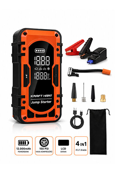 KRAFT HART 4'ü 1 Arada Powerbank Hava Kompresörü 12.000 mAh 150 PSI LCD Ekran...