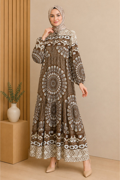FERHEL Women's Patterned Viscose Dress with Lace-Up Collar - Brown