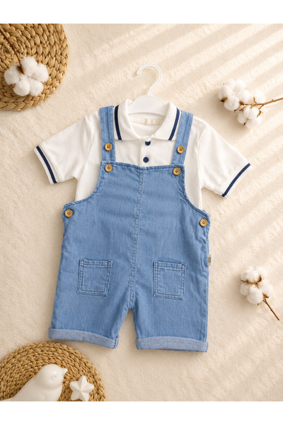 ASLİN STORE Polo Collar Sweatshirt Double Pocket Detailed Buttoned Lycra Denim Salopet Summer 2-Piece Baby Boy Set