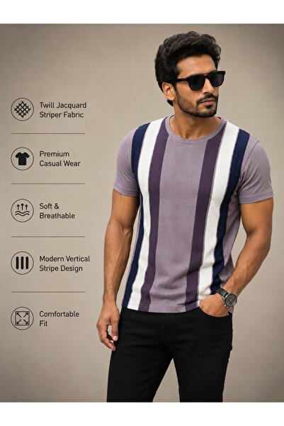 DİO Premium Men’s Sky Blue Twill Jacquard Striper T-Shirt | Soft Breathable C...