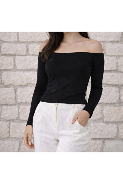 ermoon Long-Sleeved Madonna Boat Neck Off-The-Shoulder Knitwear Blouse