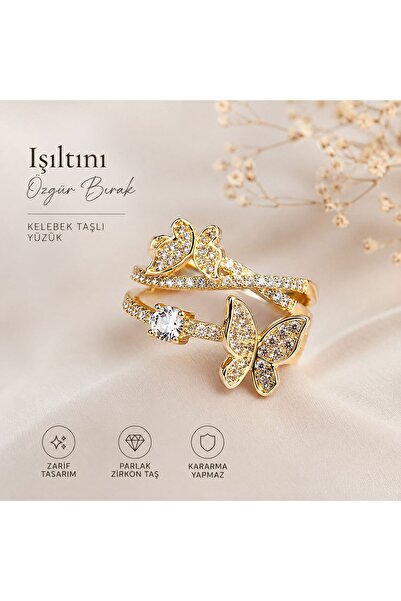Mervişim Aksesuar Gold Ring with Zircon Stone and Butterfly Detail