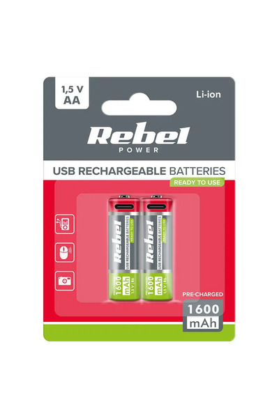 Rebel Set 2 acumulatori LI-I0N AA R6 1600mAh 1.5V USB-C BAT2014