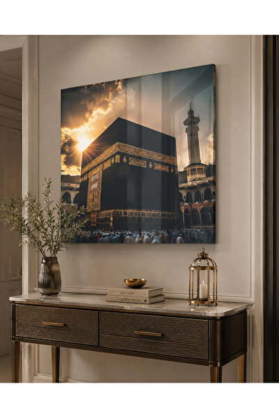Jinzo Kabe Mekke Cam Tablo Dini Duvar Dekoru Siyah Gold Salon Ofis Hediyelik ...