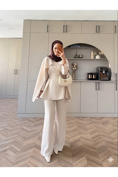 YUNAKI Pelerin Detaylı Kadın İkili Tesettür Takım/ Alt Üst Pantolon İkili Takım