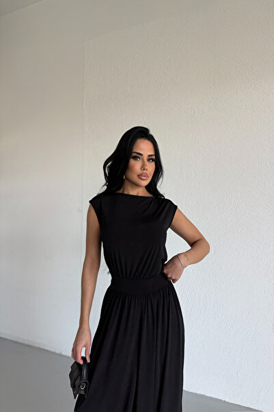 LİLA İSTANBUL Women's Black Sleeveless Elastic Leg Shalwar Jumpsuit