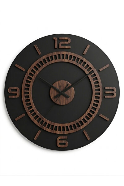 AS TASARIM LAZER Noble Model Decorative Wall Clock Wooden Black Mdf Walnut Fu...