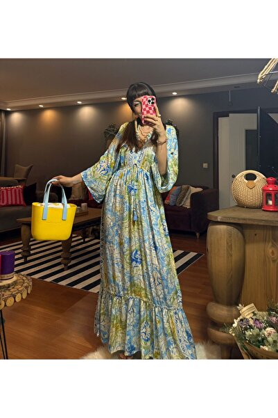 moda gk Boncuk/Nakış Detaylı Parlak Desenli Bohem İpek Elbise