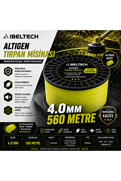 İBELTECH 4.0 mm Rulo Altıgen Tırpan Top Misinası 560 Metre Profesyonel Misina