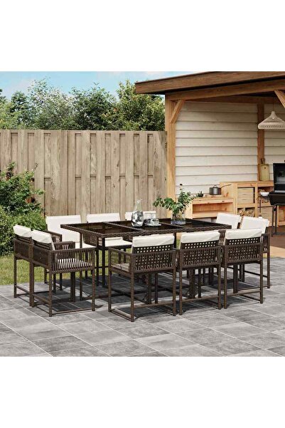 vidaxl Set mobilier de gradina cu perne, 11 piese, maro, poliratan