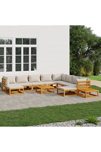 vidaxl Set mobilier gradina cu perne gri deschis, 12 piese, lemn tec