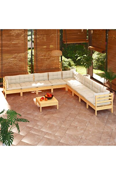 vidaxl Set mobilier gradina cu perne crem, 10 piese, lemn masiv de pin
