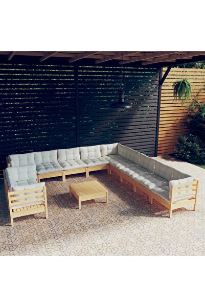 vidaxl Set mobilier gradina cu perne crem, 12 piese, lemn masiv de pin