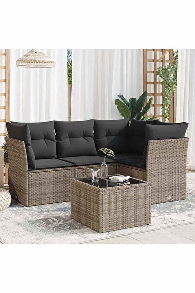 vidaxl Garden sofa set with cushions, 5 pieces, grey, polyrattan